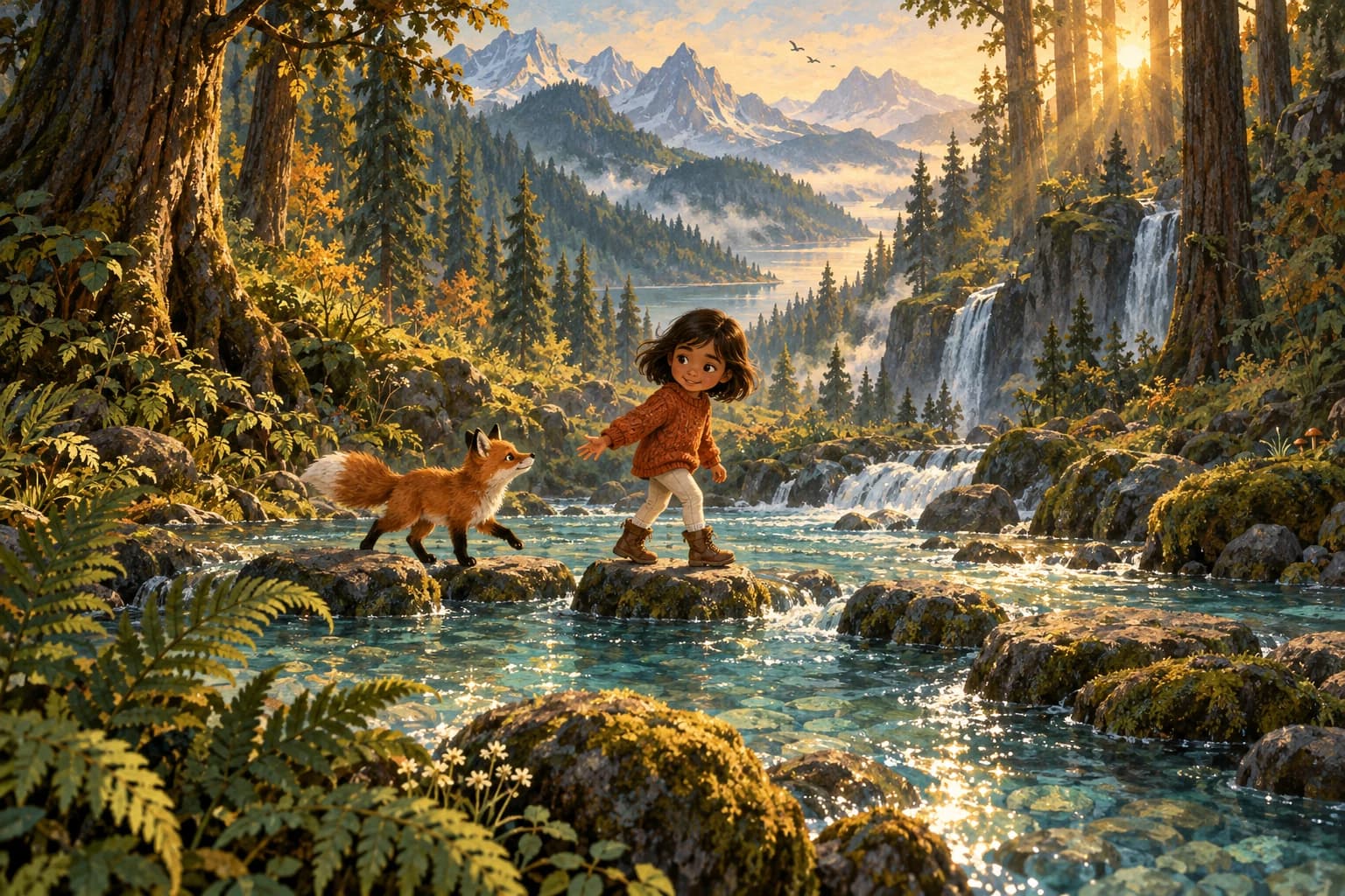The child and her fox companion cross a woodland stream beneath glowing trees.