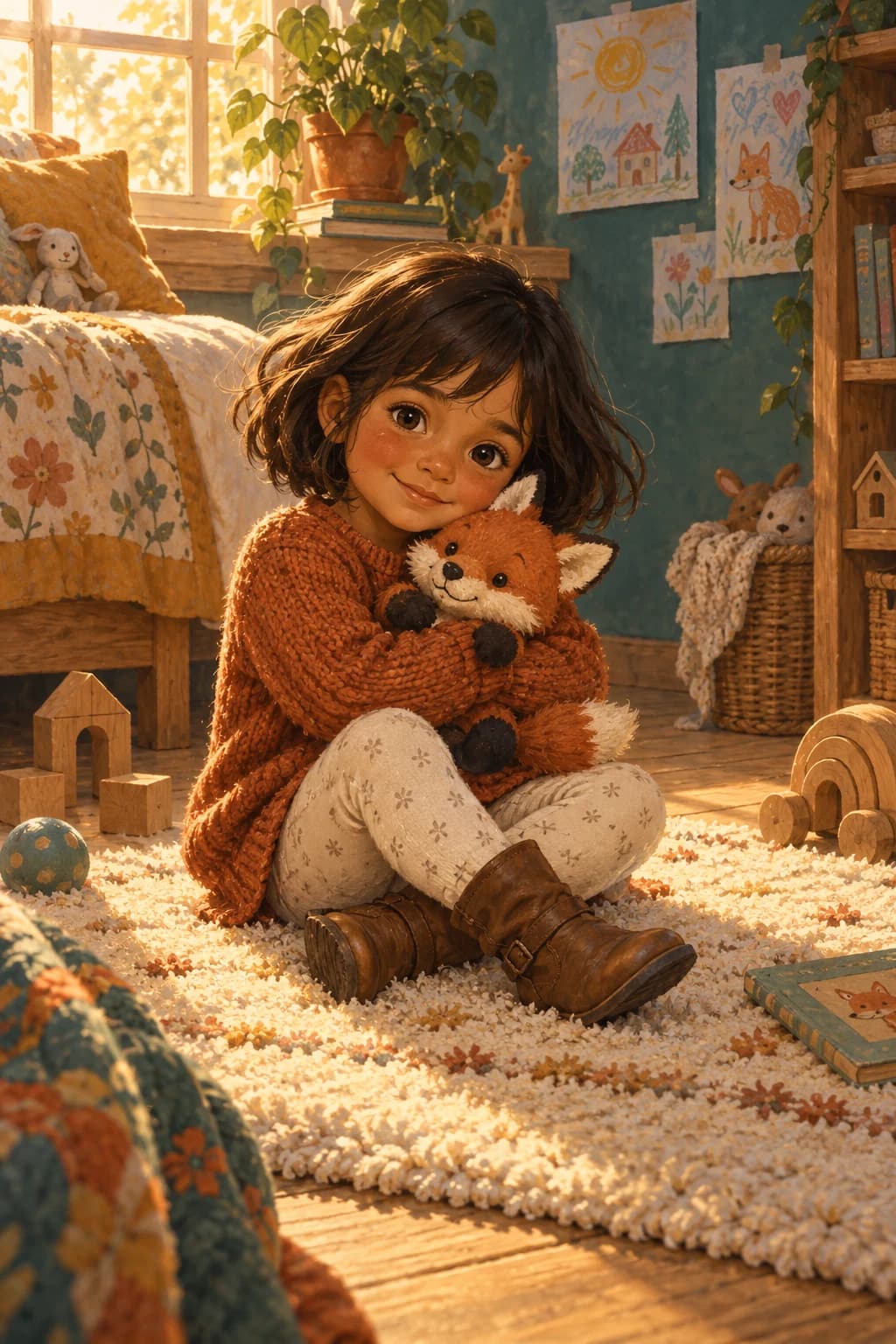 A child in a rust-coloured jumper holds her well-loved toy fox.