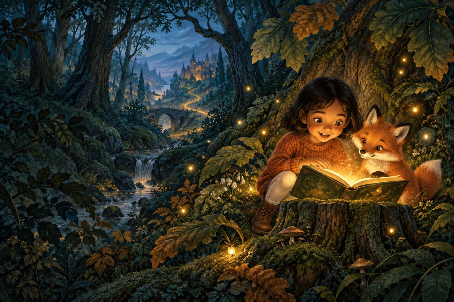 A child and a small fox discover a glowing storybook in a moonlit woodland.